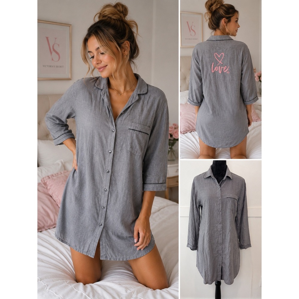 Victoria's Secret Love VS Gray Sleep Shirt Nightshirt Button Down Y2K Size S